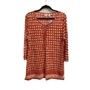 Chicos Size 2 Womens Large L Tunic Top Dots 3/4 Sleeve Semi Sheer NWT